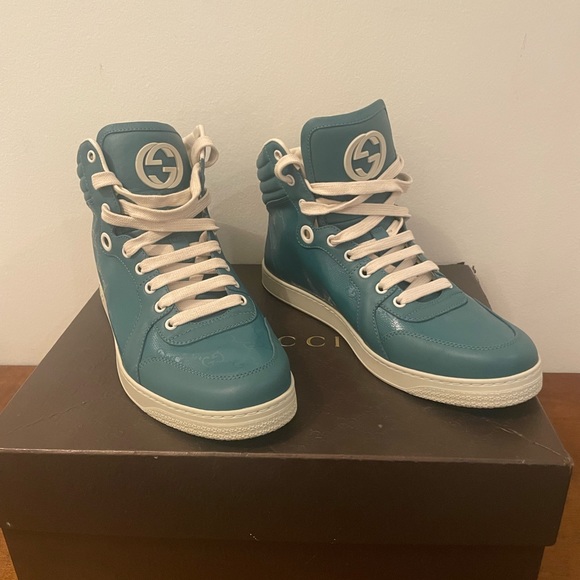 Men's GUCCI Blue Aqua GG Logo High Top Sneakers - Picture 1 of 6